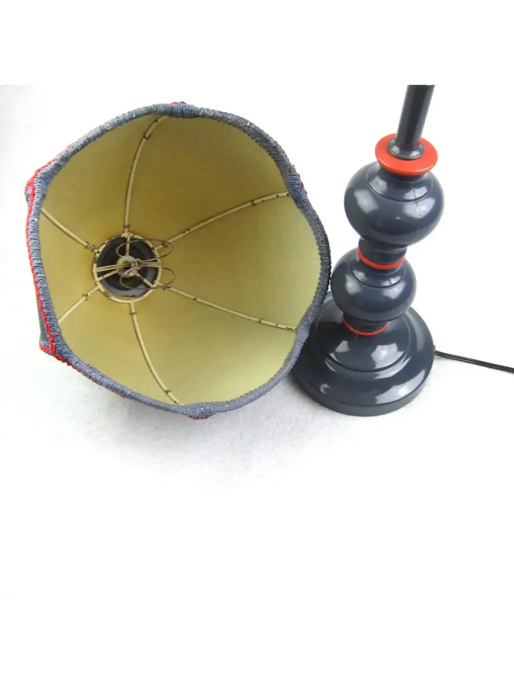 Vintage Country Table Lamp Blue & Red Denim Dome Clip On Shade Pillar WORKS